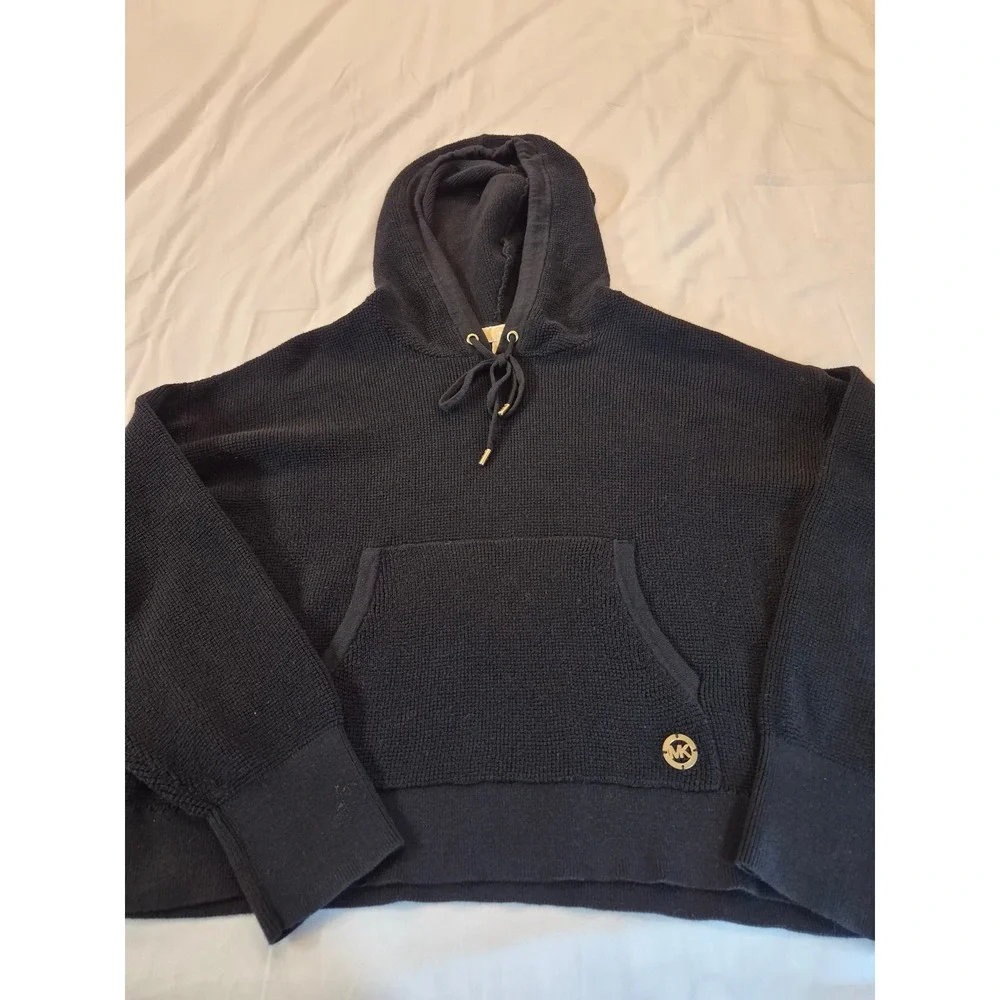 Michael Kors Black Waffle Knit Hoodie Gold Logo Pullover Cropped Sweater Medium